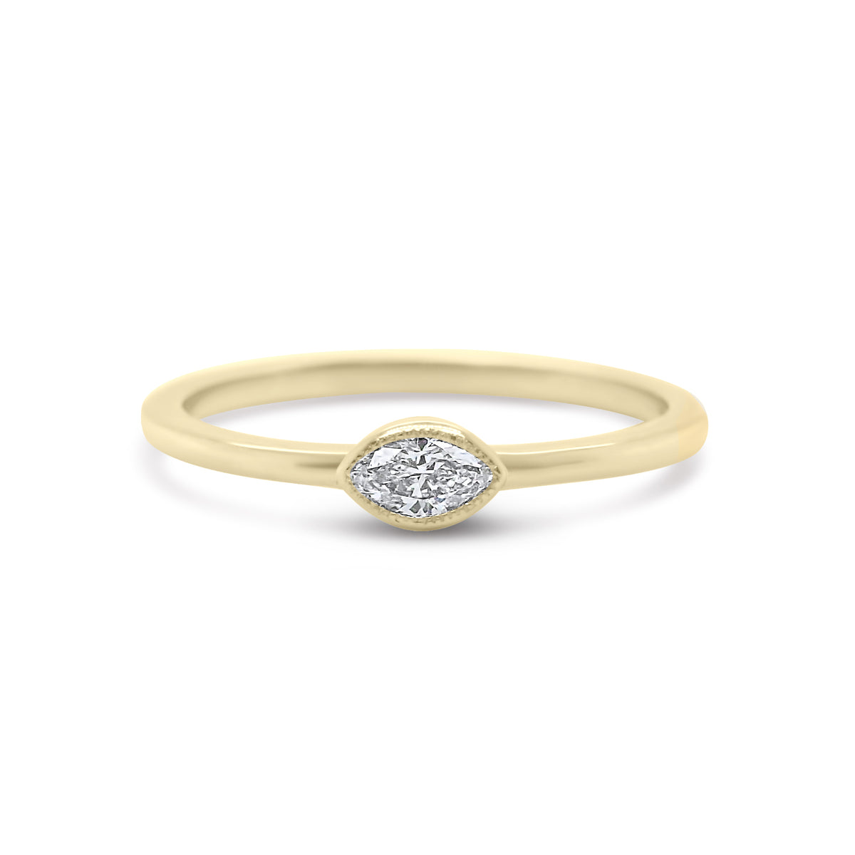 14k yellow gold bezel set with milgrain marquise cut diamond ring