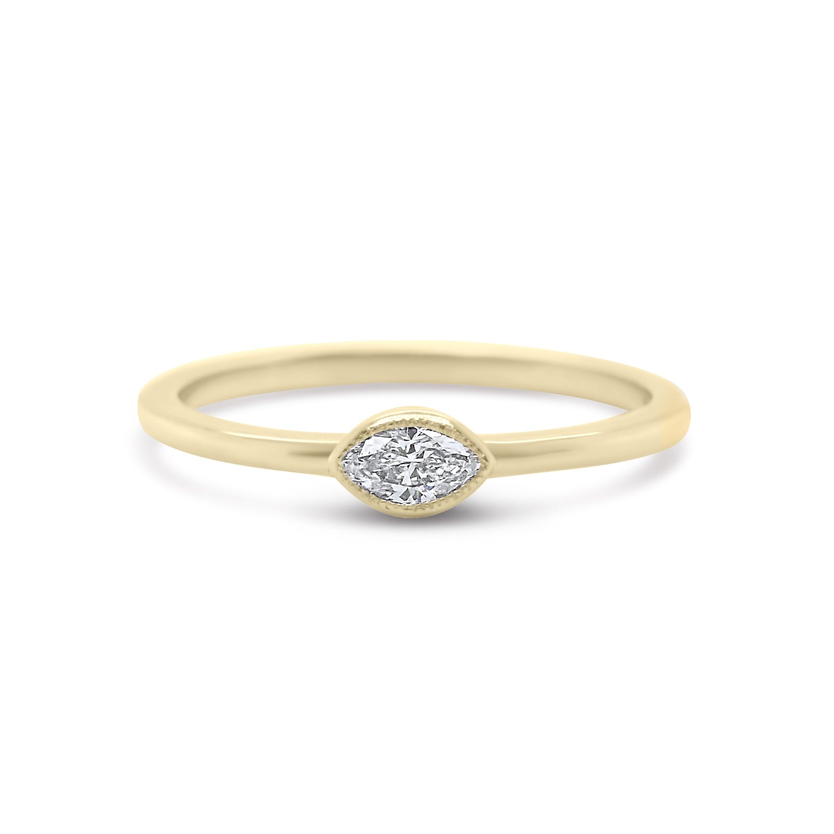 14k yellow gold bezel set with milgrain marquise cut diamond ring