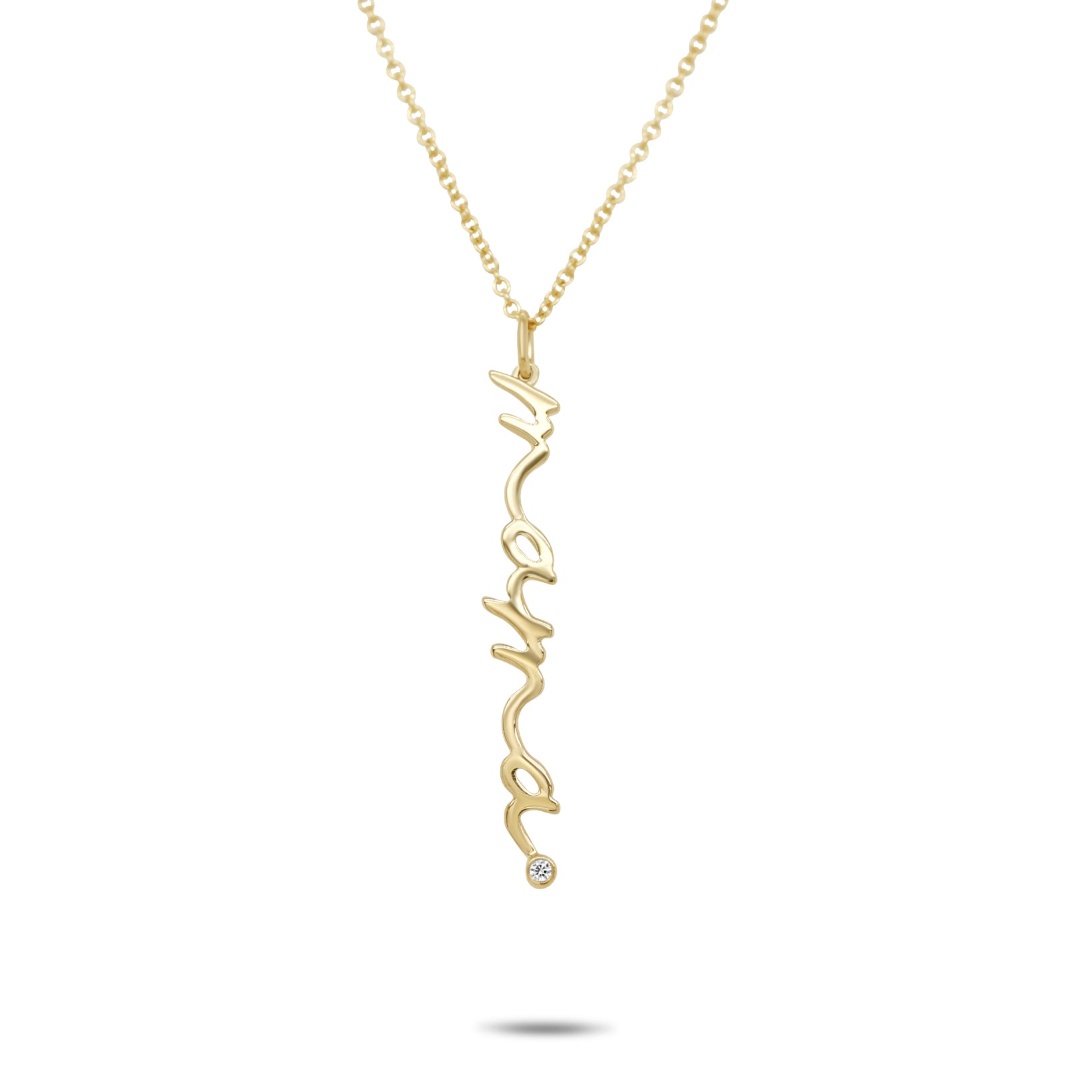 14k yellow gold cursive mama pendant with bezel set diamond necklace