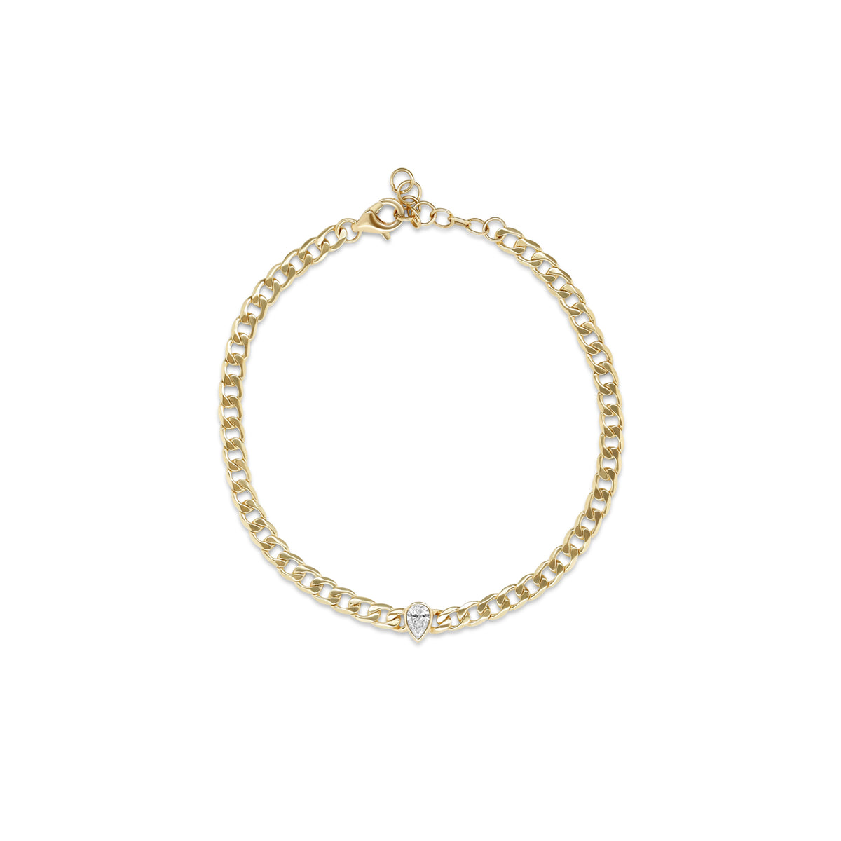 14k yellow gold curb chain bracelet with bezel set pear shape diamond