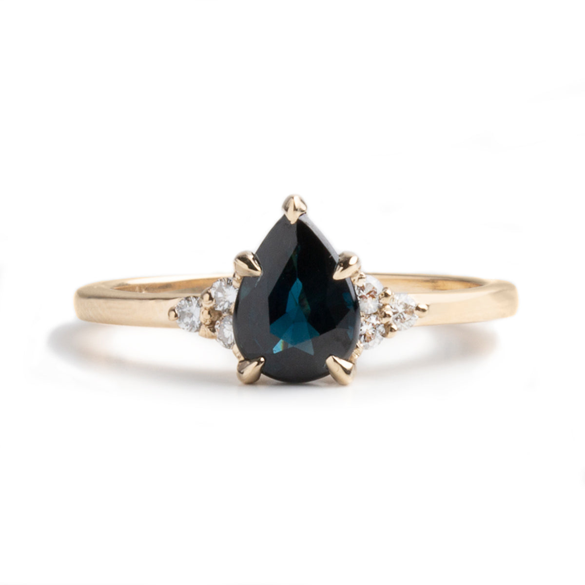 14k yellow gold 1.20ct pear shape dark blue sapphire diamond side stone engagement ring