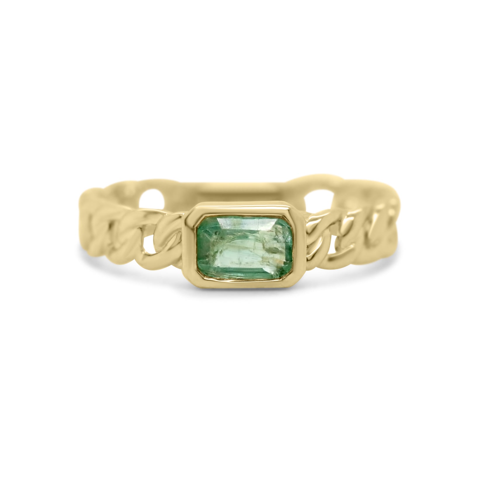 14k yellow gold bezel set emerald east to west with chain link band ring