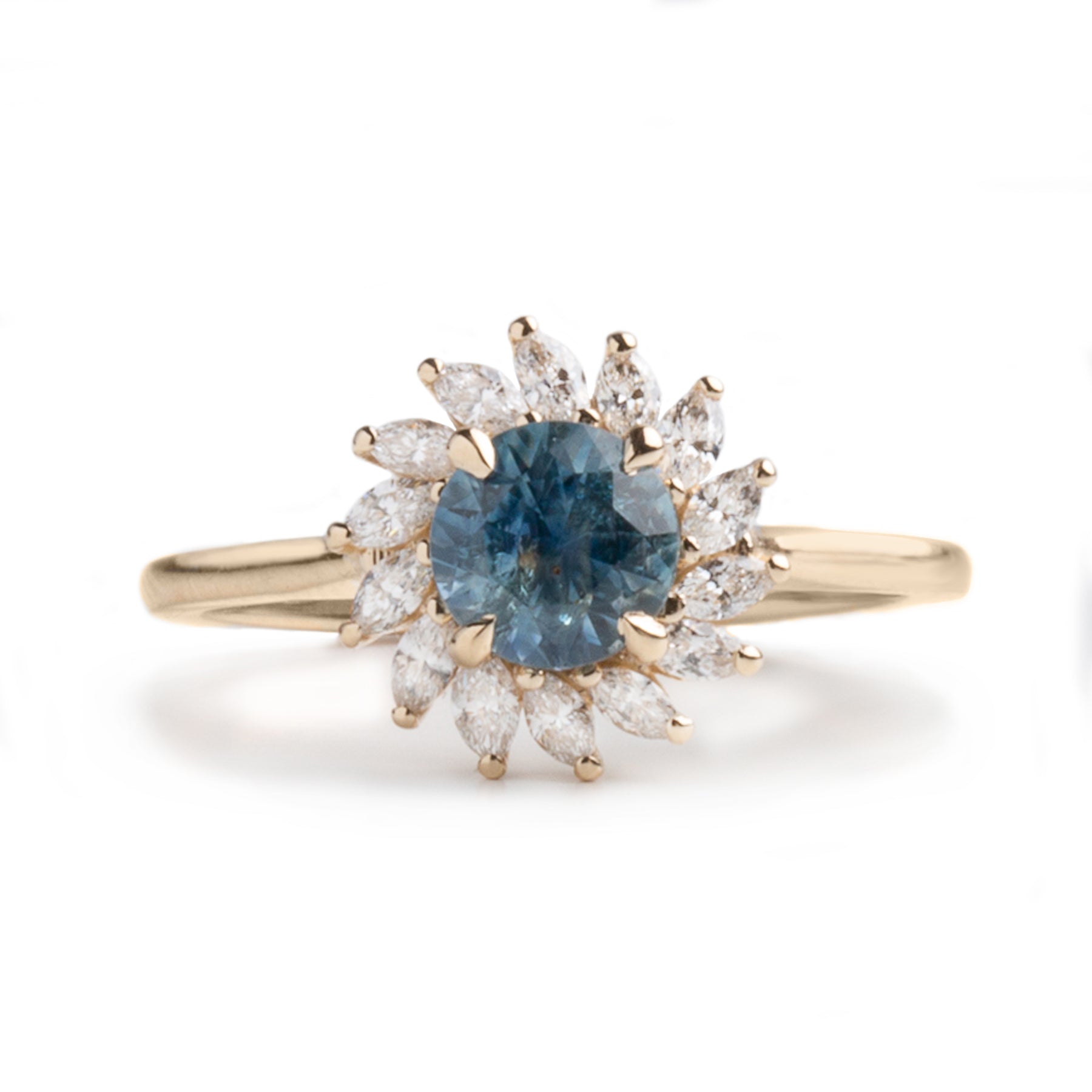 0.98ct round cut Montana sapphire marquise diamond halo 14k yellow gold engagement ring
