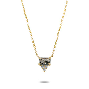 14k yellow gold necklace prong set rose emerald cut gray diamond with trio of round brilliant accent diamonds