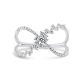 14k white gold diamond cluster and pave crisscross X ring