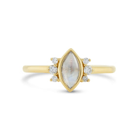 bezel set marquise cut moonstone three diamond side stone accents 14k yellow gold ring