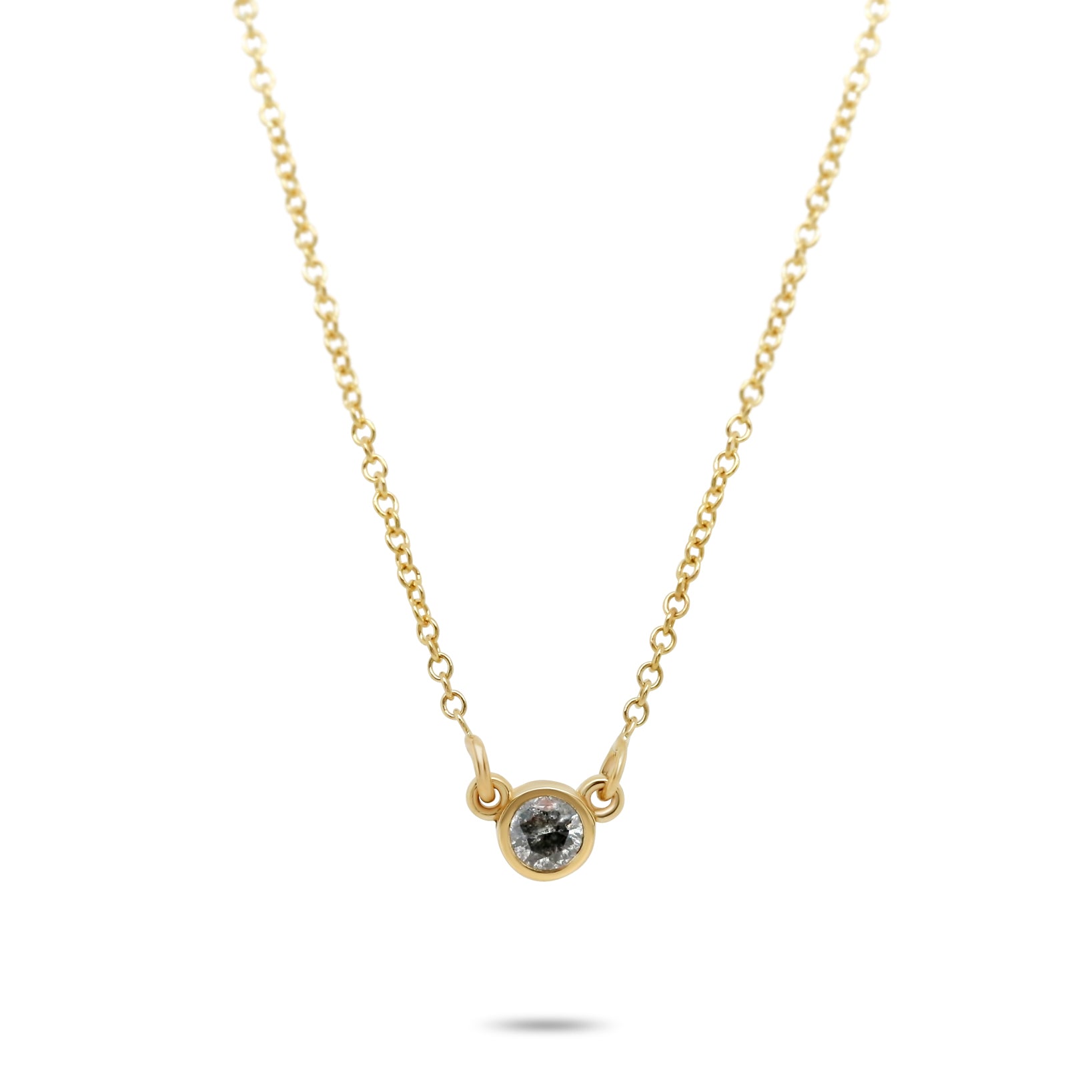 14k yellow gold round bezel set gray diamond necklace