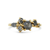 14k yellow gold cluster ring with hexagon shape rose cut gray diamond and marquise oval square round accent gray diamonds