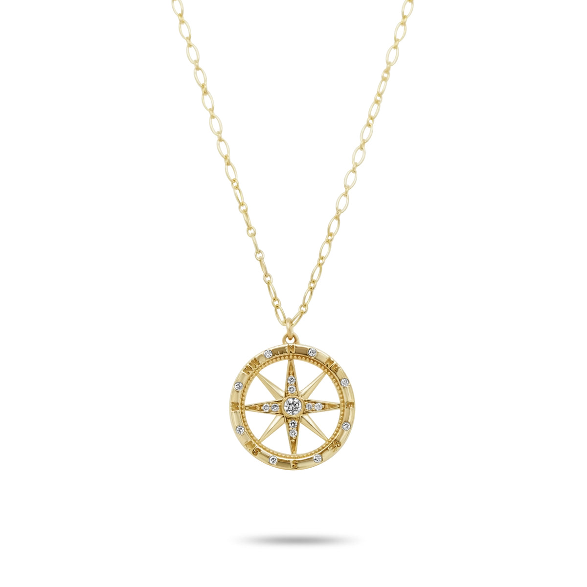 14k yellow gold diamond compass pendant necklace on flat link chain
