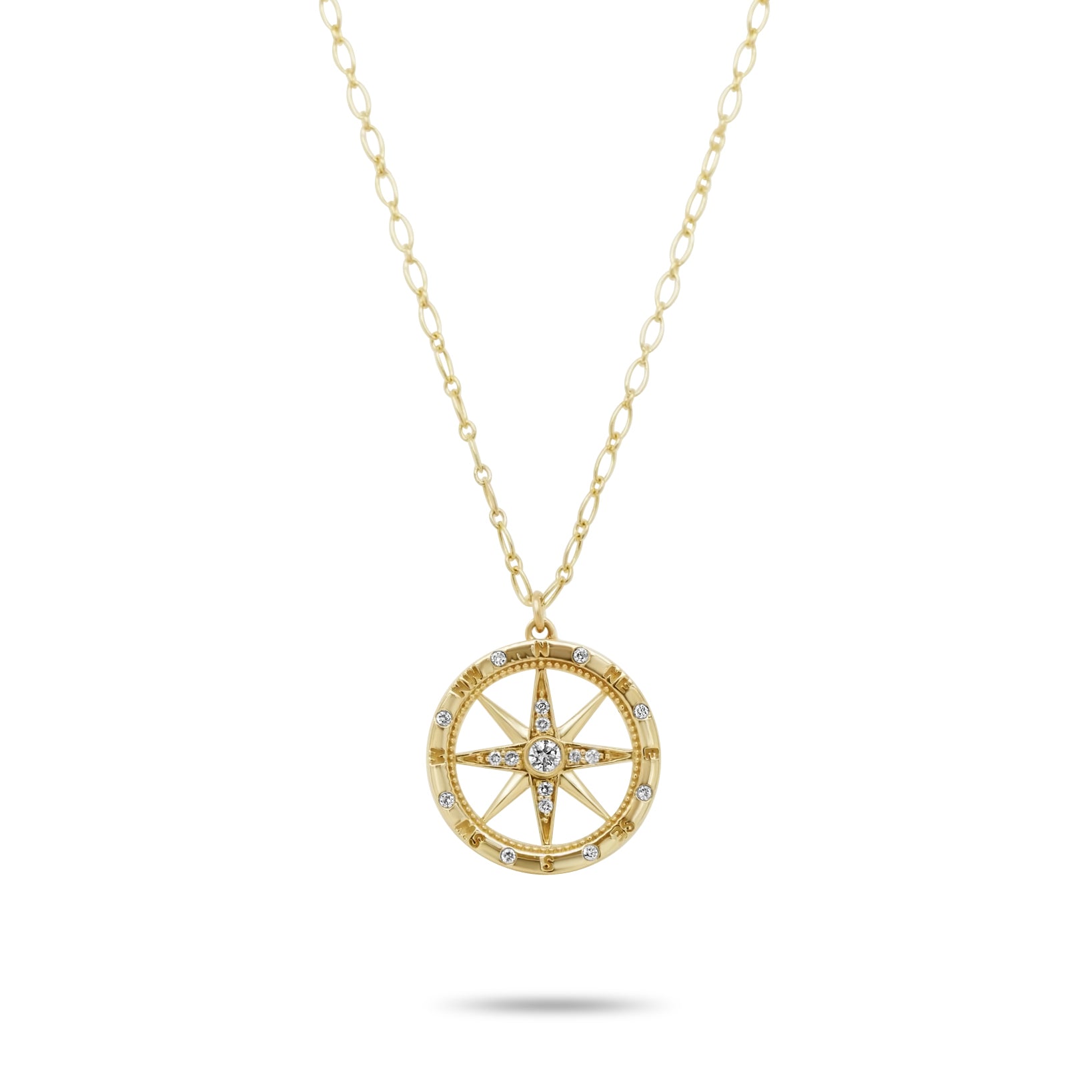 14k yellow gold diamond compass pendant necklace on flat link chain