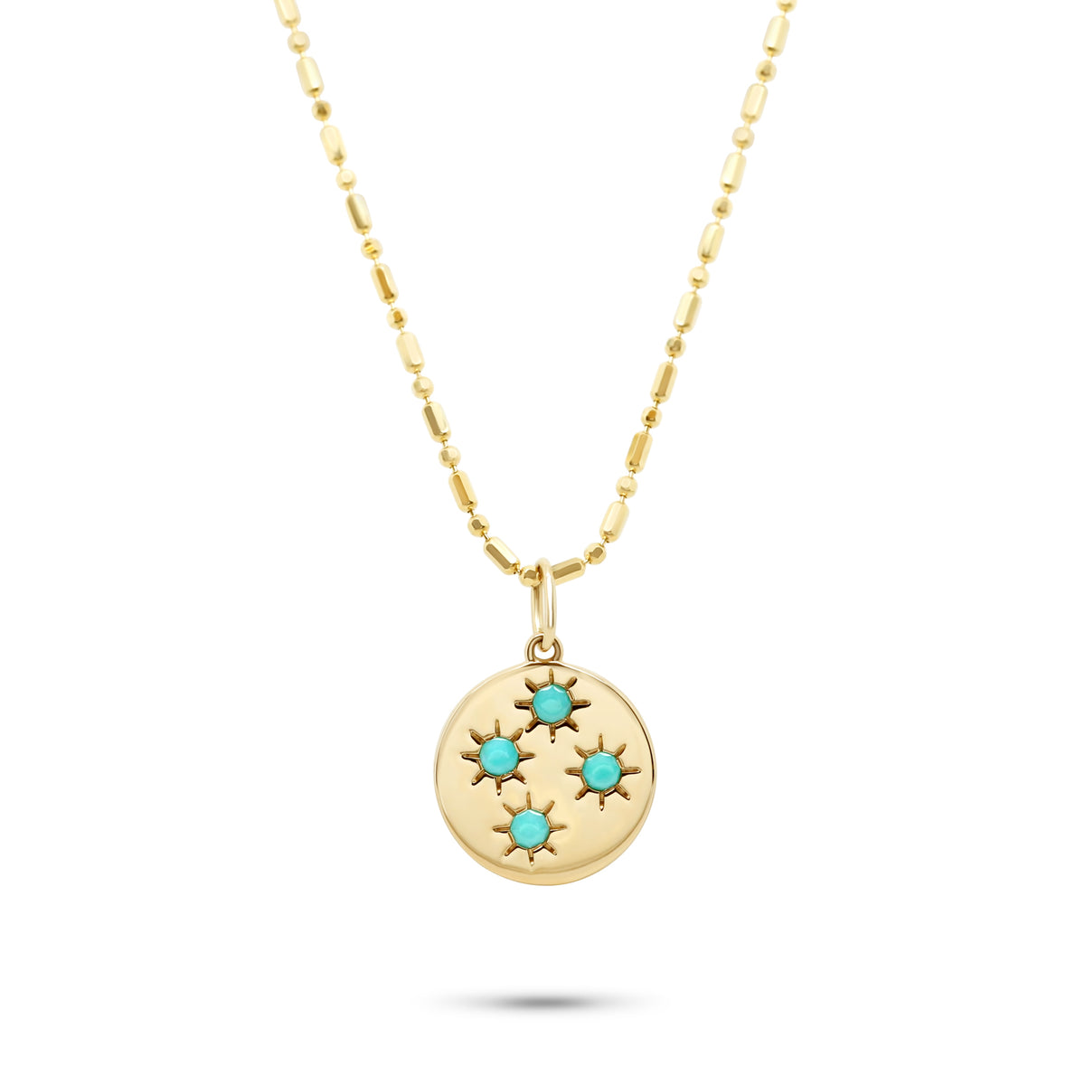 14k yellow gold disc charm with turquoise accent necklace on bar bead chain