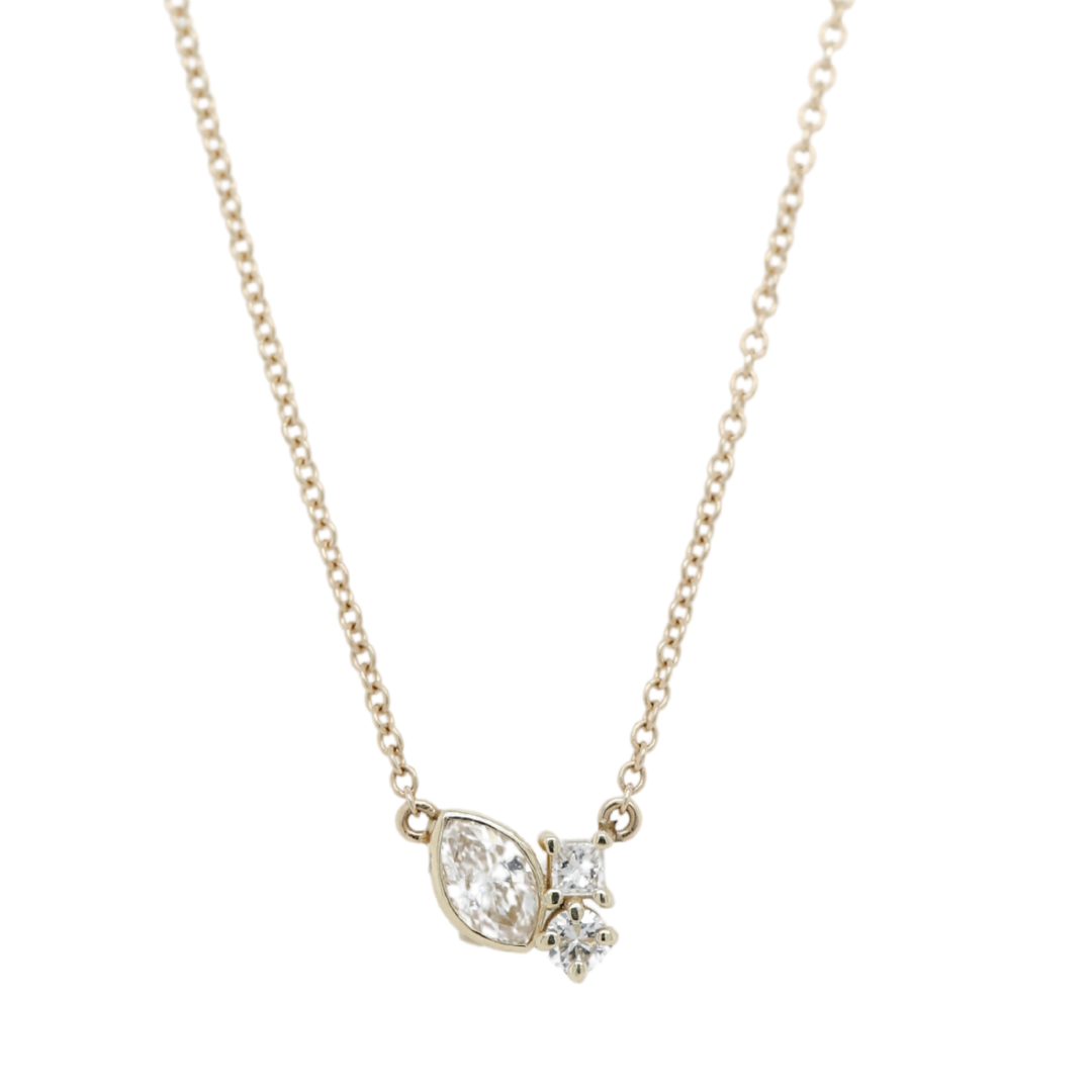 14k yellow gold cluster diamond everyday necklace with 16in chain and mix of marquise, round and princess cut diamonds