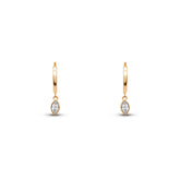 14k yellow gold bezel set marquise cut diamond dangle charm on huggie hoops