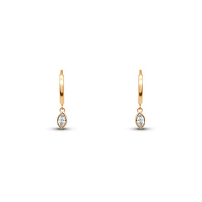 14k yellow gold bezel set marquise cut diamond dangle charm on huggie hoops