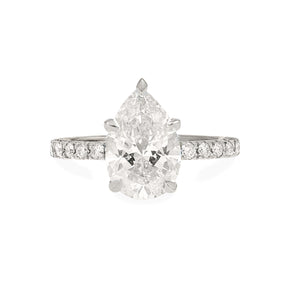 solitaire pear shape lab grown diamond engagement ring with diamond pave band and hidden halo 14k white gold 