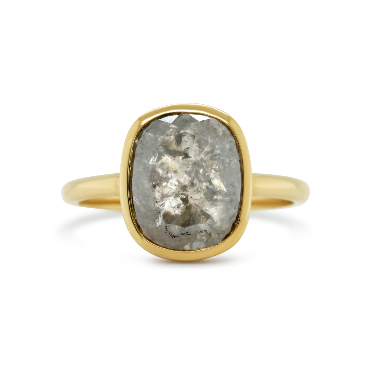 14k yellow gold bezel set cushion rose cut gray diamond ring