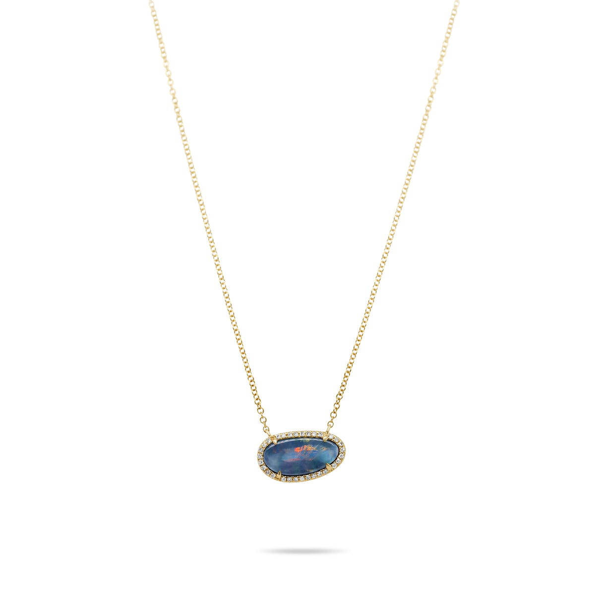 14k yellow gold freeform oval opal with diamond halo necklace