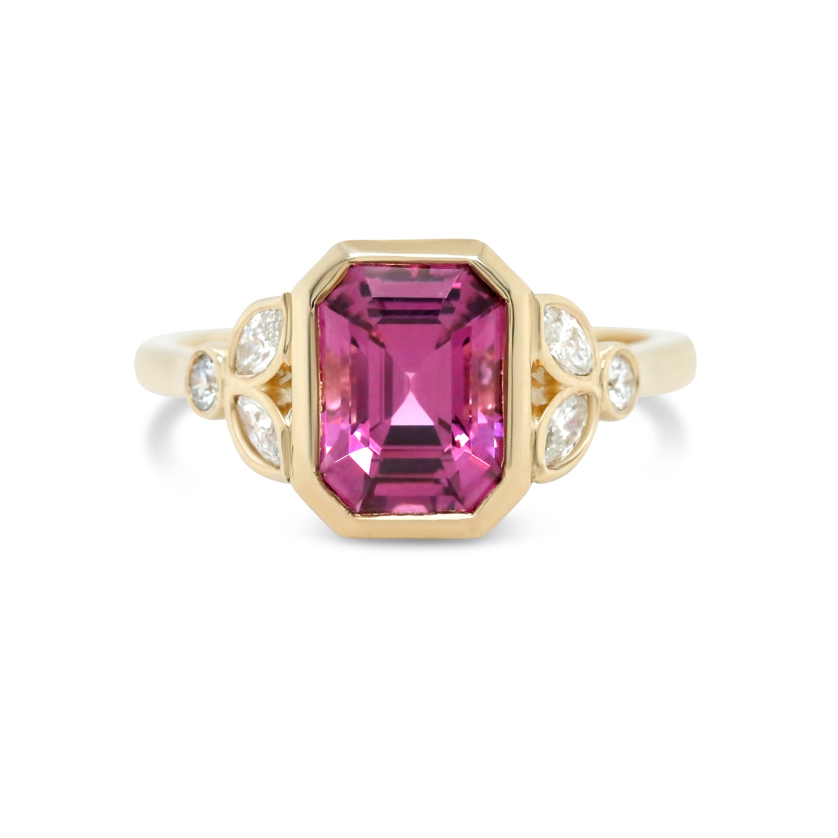 14k yellow gold bezel set emerald cut pink purple spinel marquise round brilliant cut diamond side stones gemstone ring