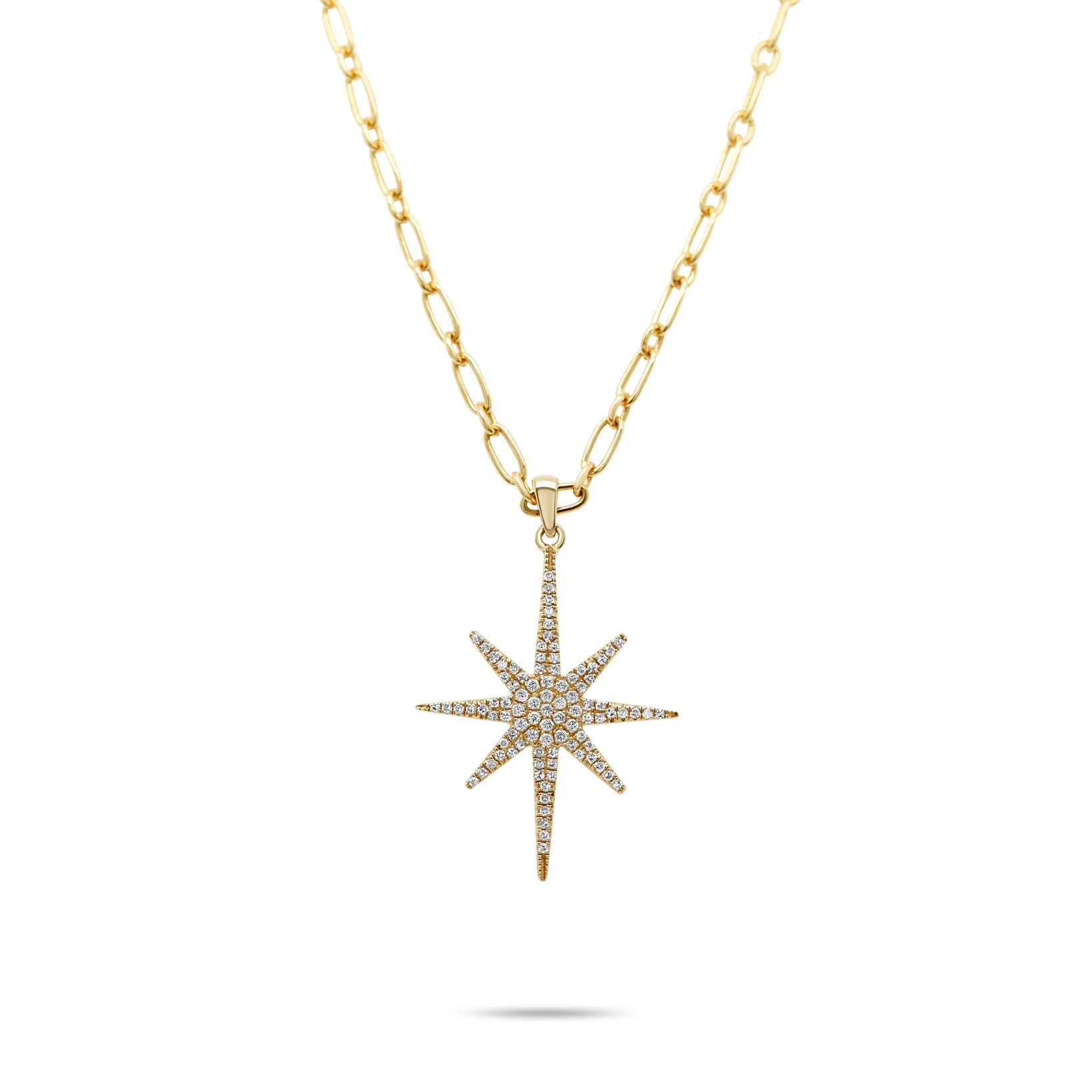14k yellow gold diamond pave elongated star pendant necklace on anchor chain 