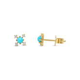 14k yellow gold cabochon turquoise with diamonds stud earrings