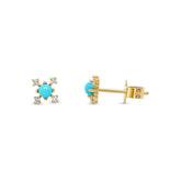 14k yellow gold cabochon turquoise with diamonds stud earrings