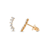 14k yellow gold baguette diamond staggered curved ear climber bar stud earrings