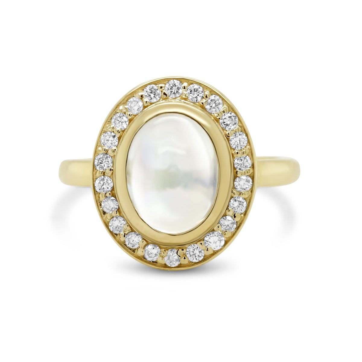 bezel set oval moonstone diamond halo 14k yellow gold ring