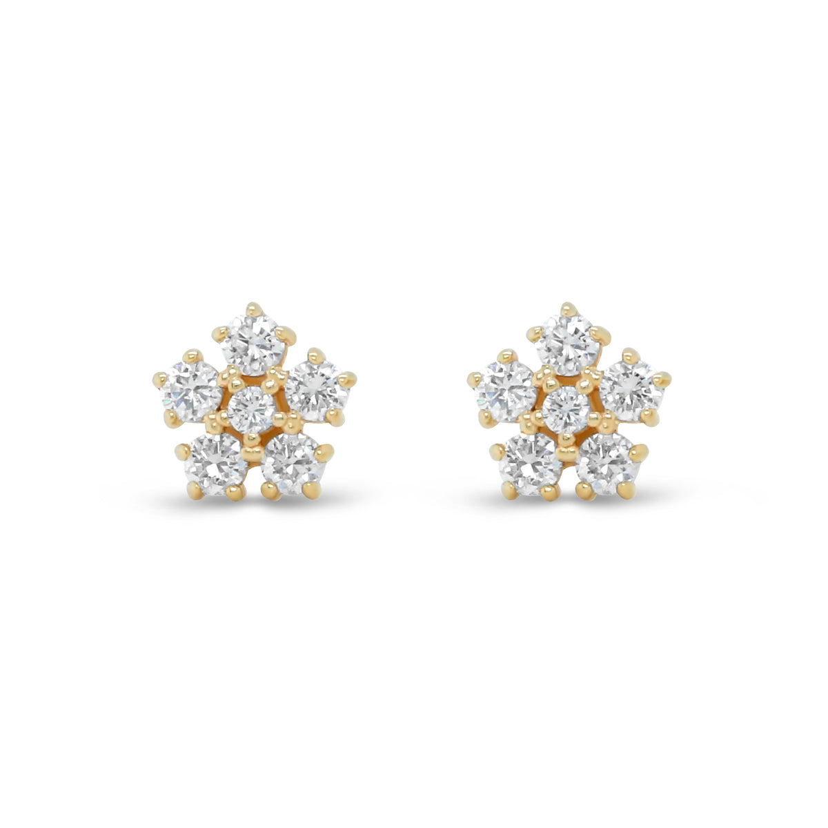 14k yellow gold round brilliant cut diamond flower stud earrings