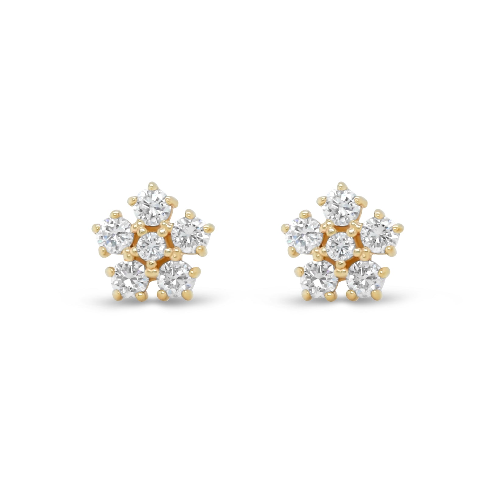 14k yellow gold round brilliant cut diamond flower stud earrings