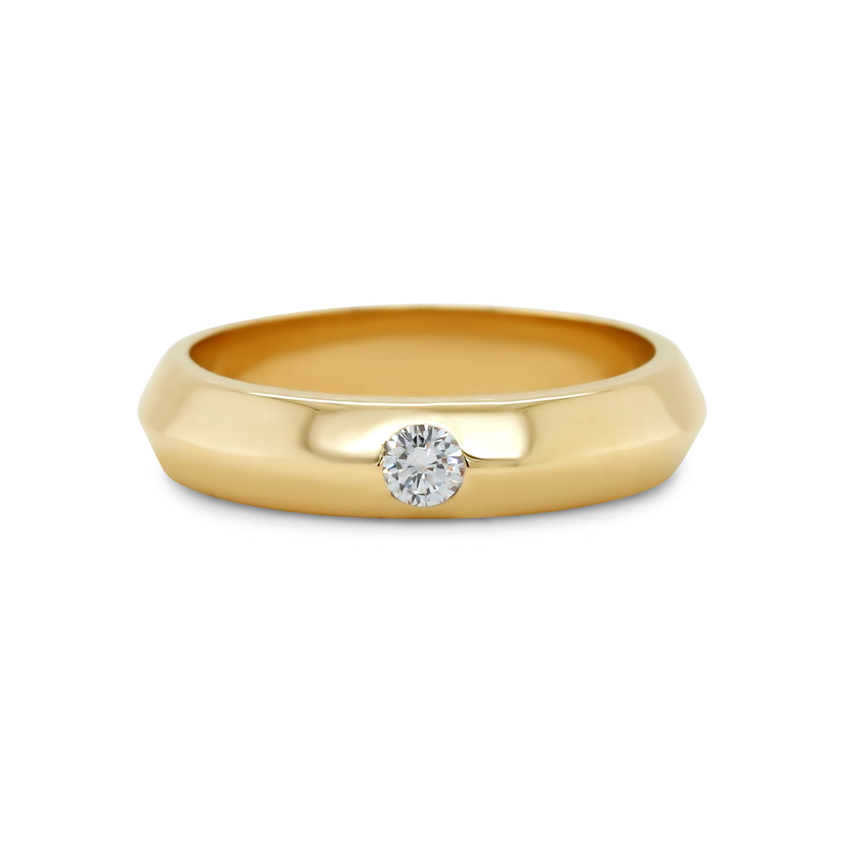 14k gold knife edge thick band with flush set round brilliant cut diamond neutral engagement ring