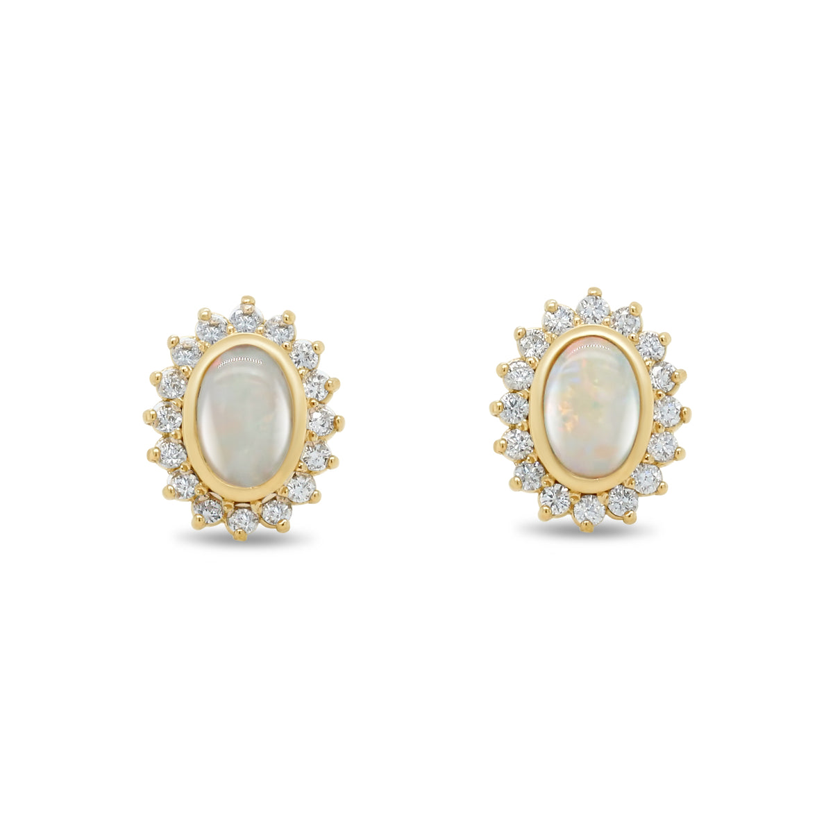 bezel set oval opal diamond halo 14k yellow gold stud earrings