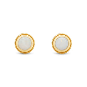 bezel set round opals milgrain halo detailing 14k yellow gold stud earrings