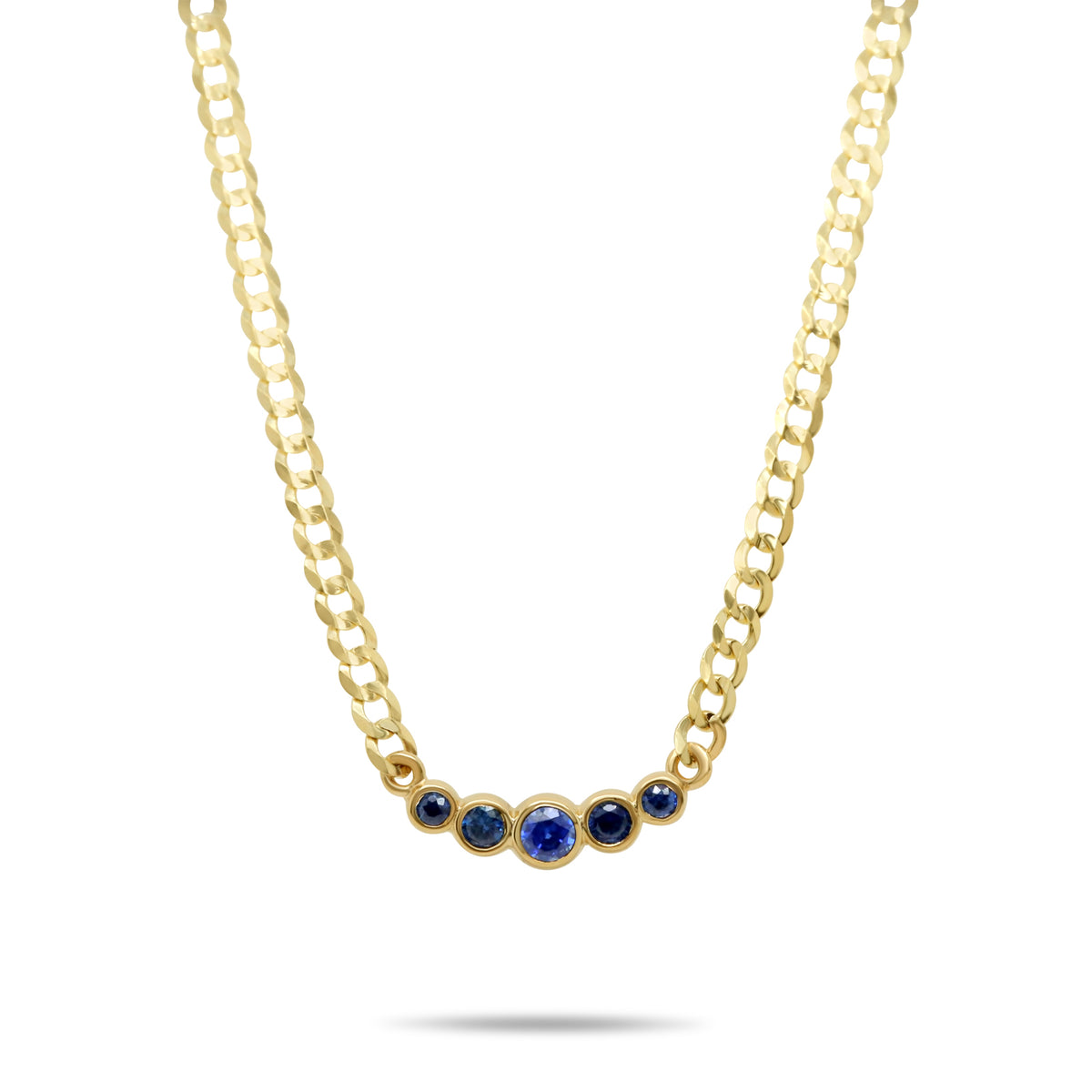14k yellow gold curb chain five stone bezel set round brilliant cut blue sapphire gemstone necklace