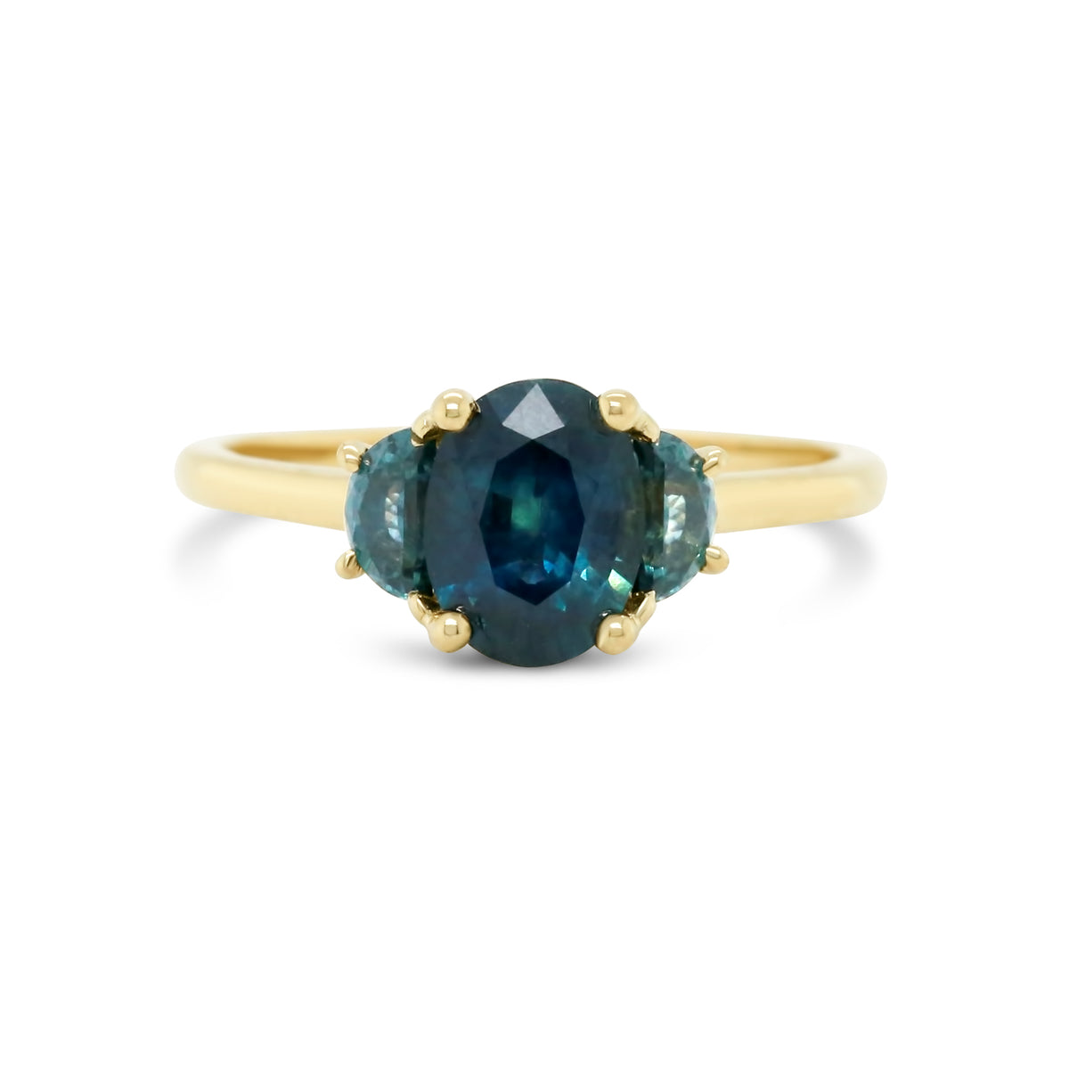 14k yellow gold three stone gemstone ring oval Montana sapphire half moon cut Montana sapphire side stones