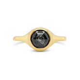 14k yellow gold signet ring with bezel set dark gray round rose cut diamond