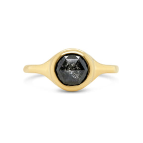 14k yellow gold signet ring with bezel set dark gray round rose cut diamond