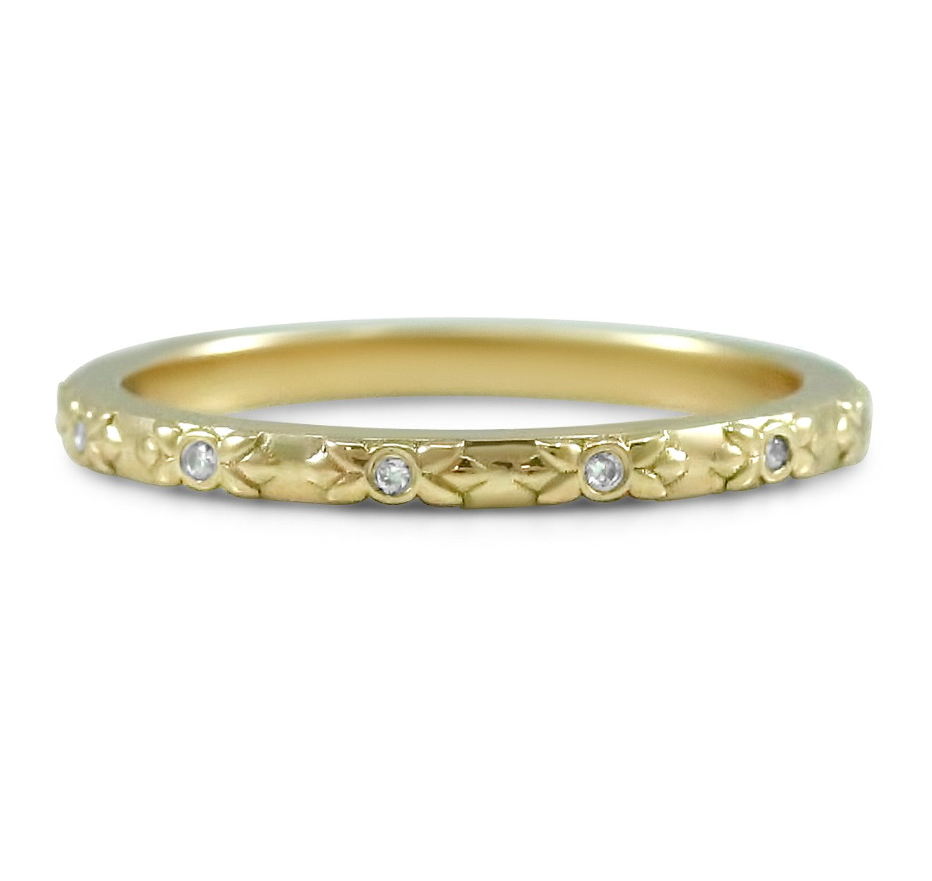 14k yellow, rose or white gold flower engraved wedding band with round bezel set diamonds around the band