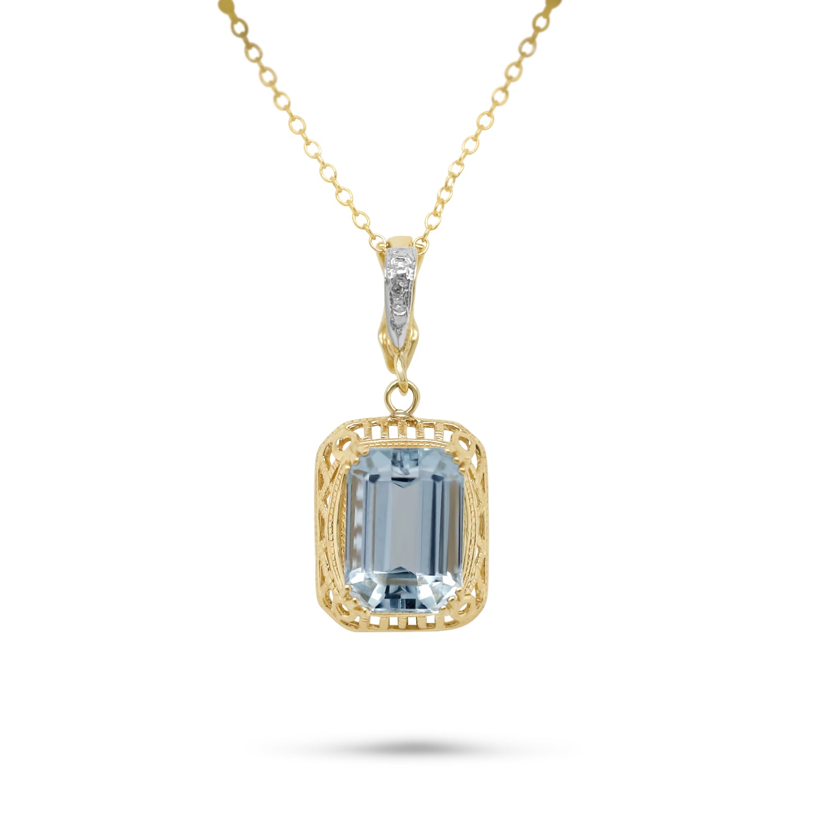 14k yellow gold art deco emerald cut aquamarine estate pendant necklace