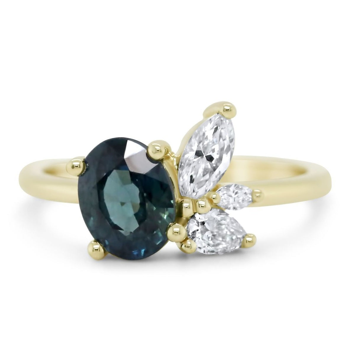 14k yellow gold 1.69ct oval teal Australian sapphire with marquise, pear and round cut diamond side cluster