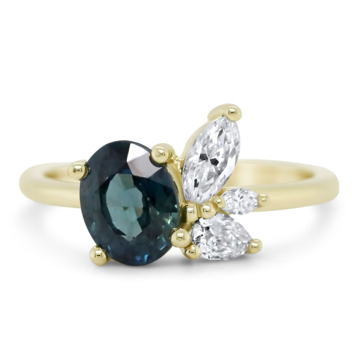 14k yellow gold 1.69ct oval teal Australian sapphire with marquise, pear and round cut diamond side cluster
