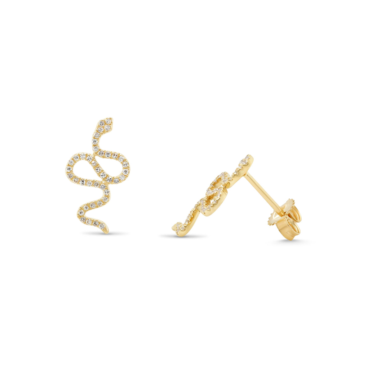 14k yellow gold diamond pave snake stud earrings