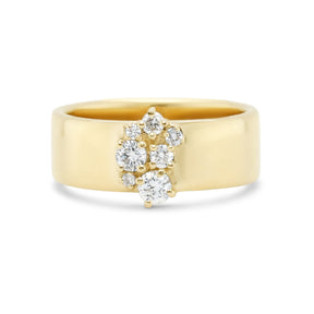 14k gold thick band with cluster of four prong set round brilliant cut diamonds neutral engagement ring