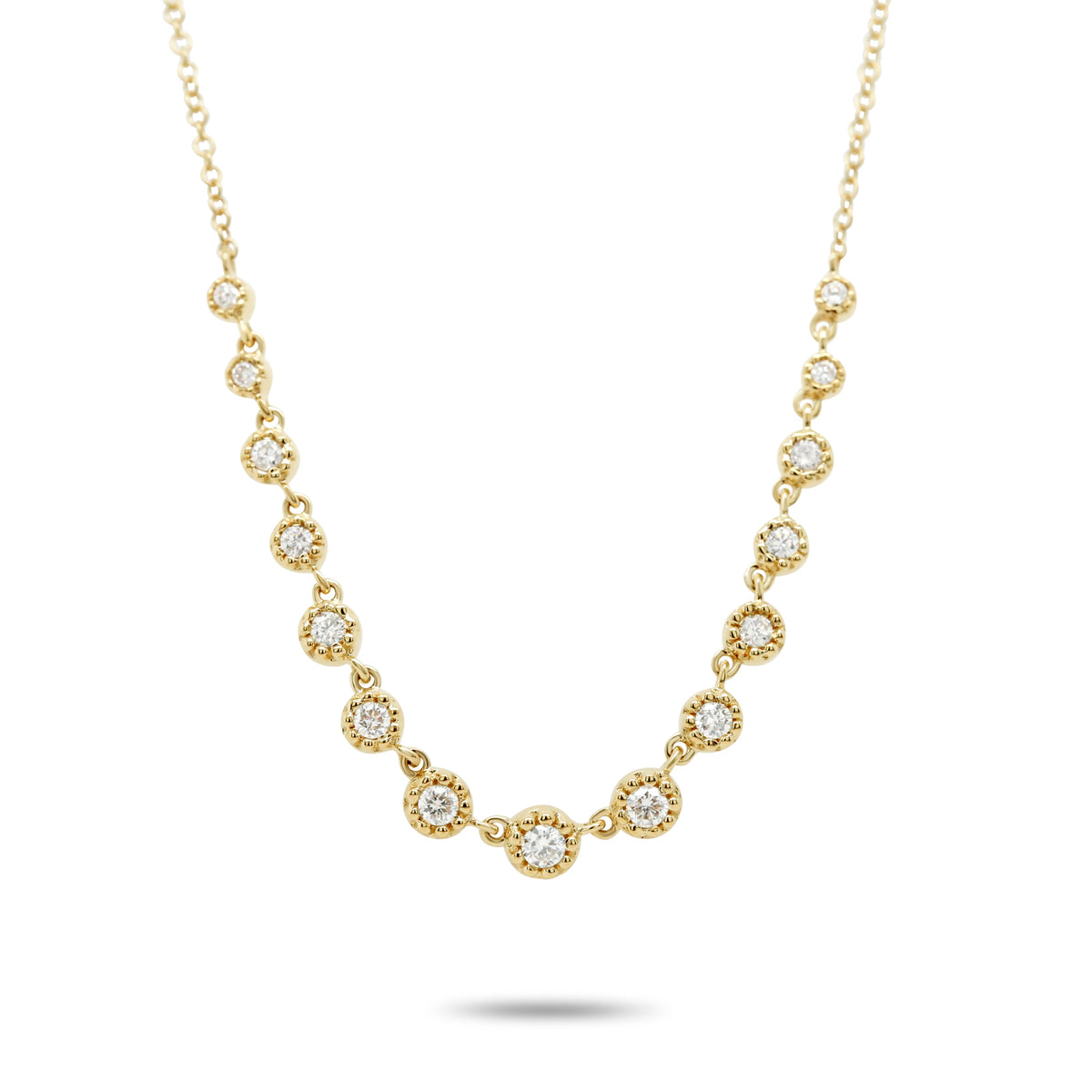 14k yellow gold graduated diamond with milgrain halo necklace