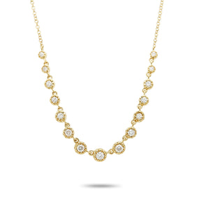 14k yellow gold graduated diamond with milgrain halo necklace