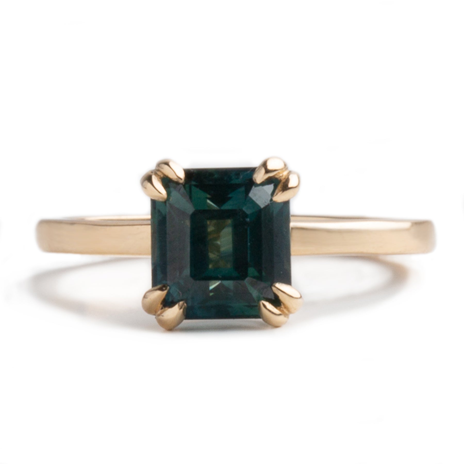 2.54ct emerald cut teal sapphire double prong 14k yellow gold solitaire engagement ring