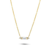 14k yellow gold 16in baguette center stone with trio of round cut side stones diamond necklace