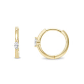 14k yellow gold huggie hoop earrings with floating marquise cut diamond