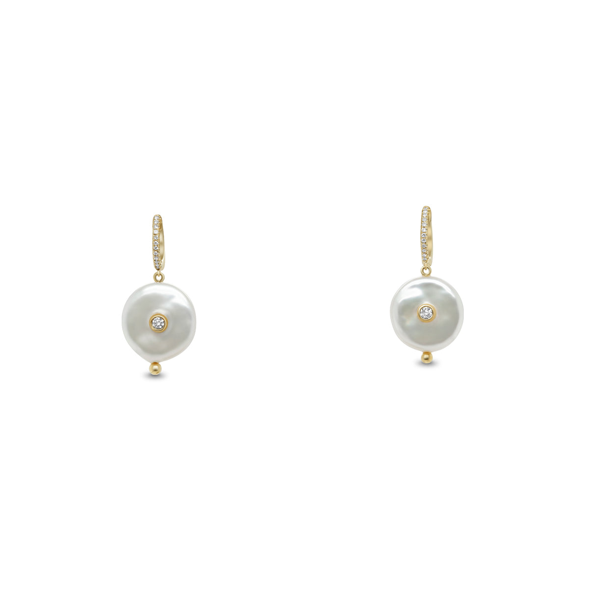 coin pearl with bezel diamond accent on 14k diamond pave huggie hoop earrings