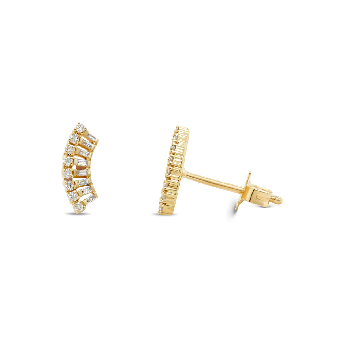 14k yellow gold baguette and round cut diamond ear climber stud earrings