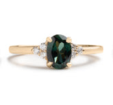 1.13ct oval cut green Australian sapphire diamond cluster side stones 14k yellow gold engagement rings